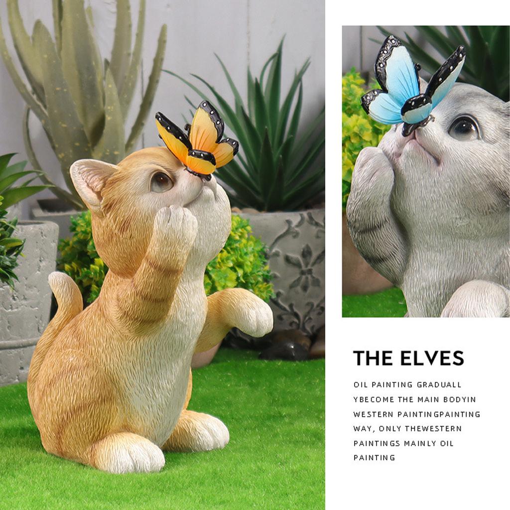 Solar Cat Butterfly Statue Cute Small Animal Decoration Outdoor Garden Ornament Decor
