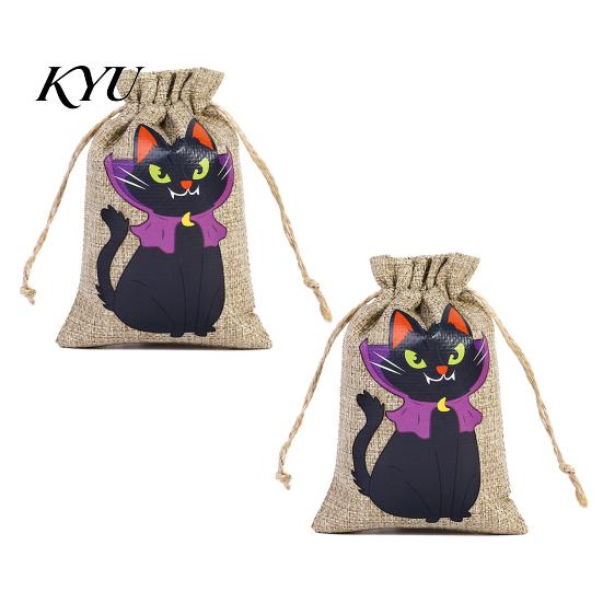 Halloween Event Favors 2PCS Drawstring Treat Bags, Cartoon Pumpkin Faux Linen Trick or Cute Candy Carriers Sacks, Kids Storage Pouches for Party
