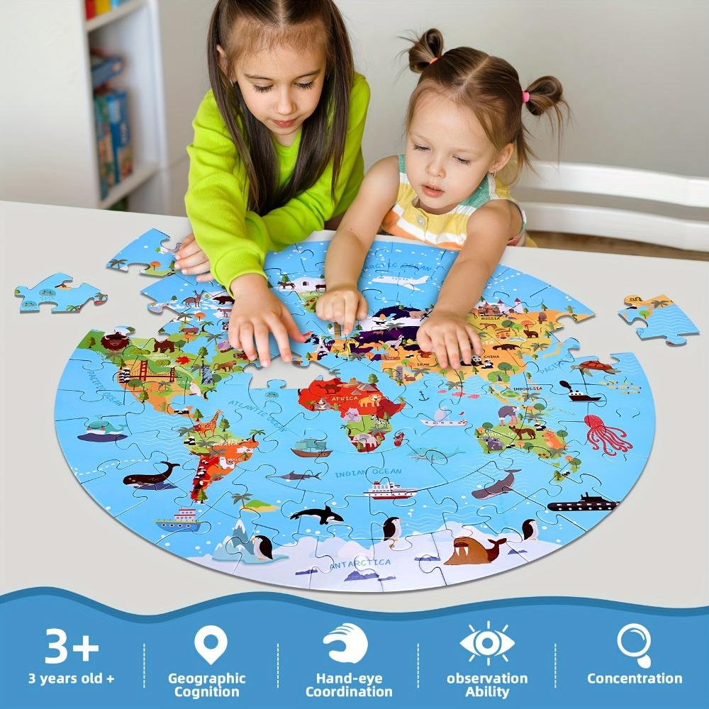 Map World With Animals Jigsaw Puzzle For Kids 70Pcs Round Floor Puzzles For Boys Girls Globe Geography Games Educational Toy