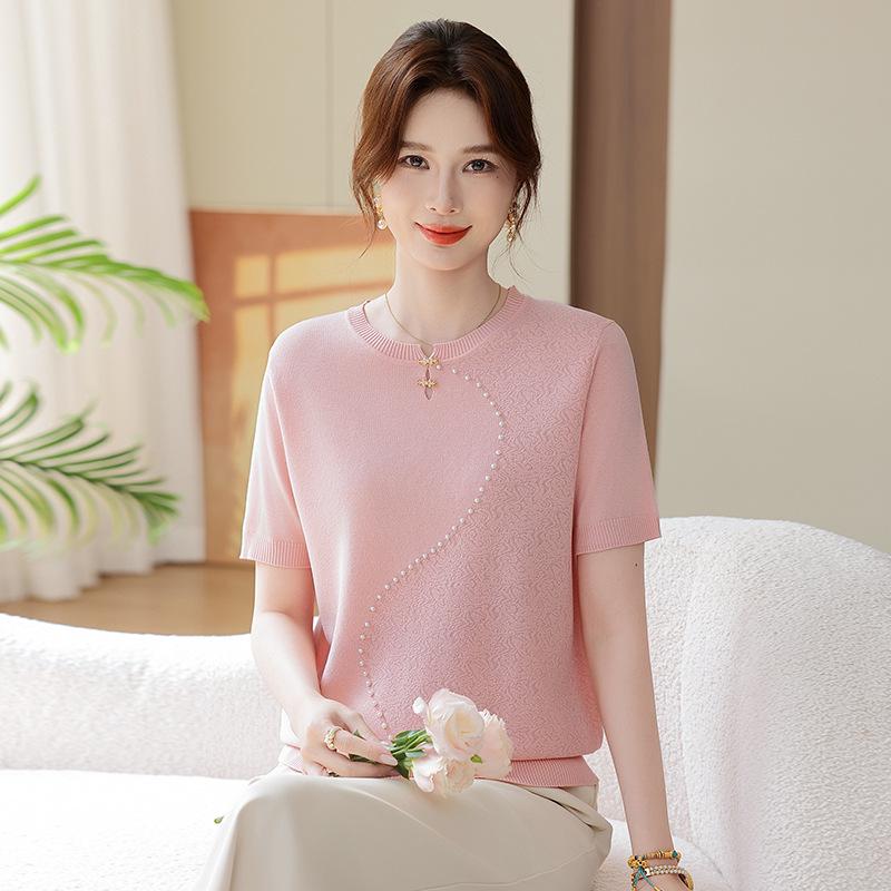2026 New Style Ice Silk Summer T-Shirt for Middle-Aged & Elderly Moms - High-End, Short-Sleeved, Stylish Knit Top