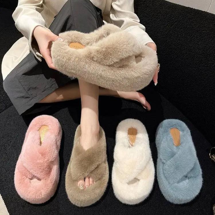 Donna Pelliccia Donna Pelliccia Sintetica Lusso Soffice Peluche Pantofola Casa Morbida Sfocata Ragazza Piattaforma Interno Piatto Casual Sabot Punta Rotonda Inverno