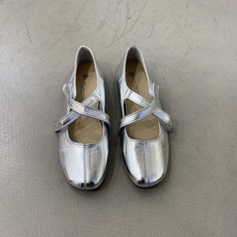 Korean Version of Cross-strap Silver Loafer Beanie Shoes 2025 Spring and Autumn New Gentle Ballet Flat Single Shoes Women's Ladyshoes
