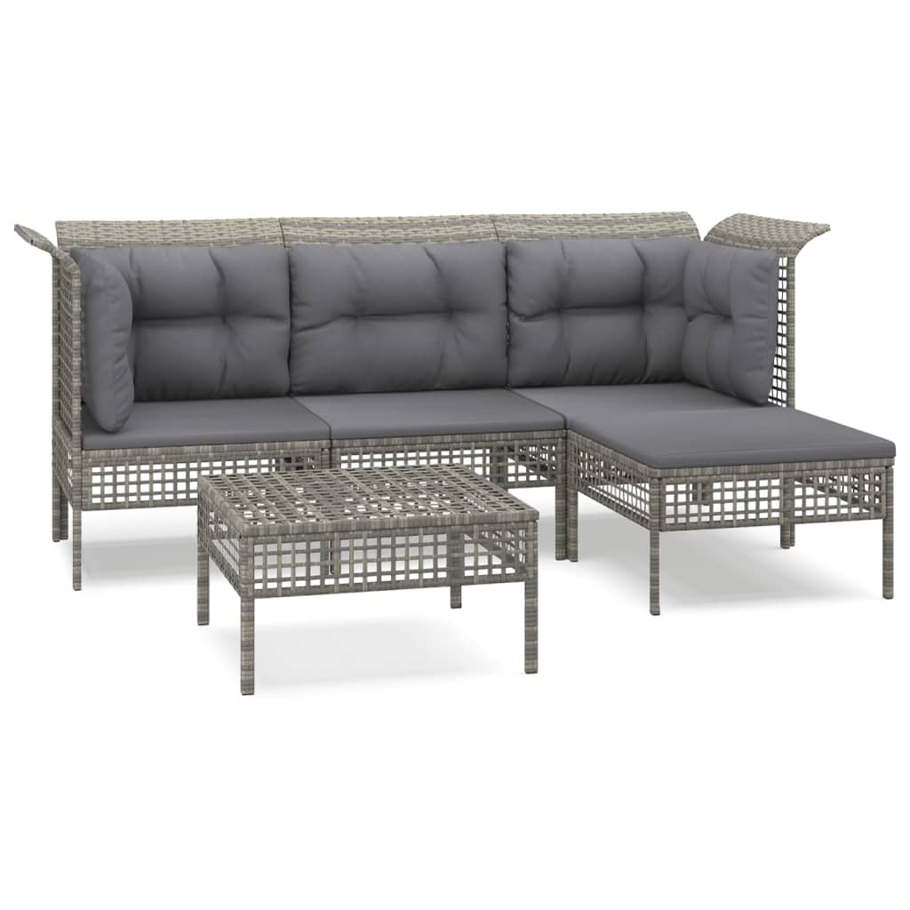 5 Piece Garden Lounge Set with Cushions Grey Poly Rattan