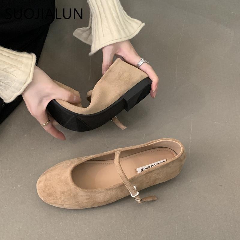 Fashion SUOJIALUN Autumn Women Flat Shoes Fashion Candy Color Ladies Round Toe Mary Jane Shoes Soft Sole Shallow Slip On Ballerinas Shoe