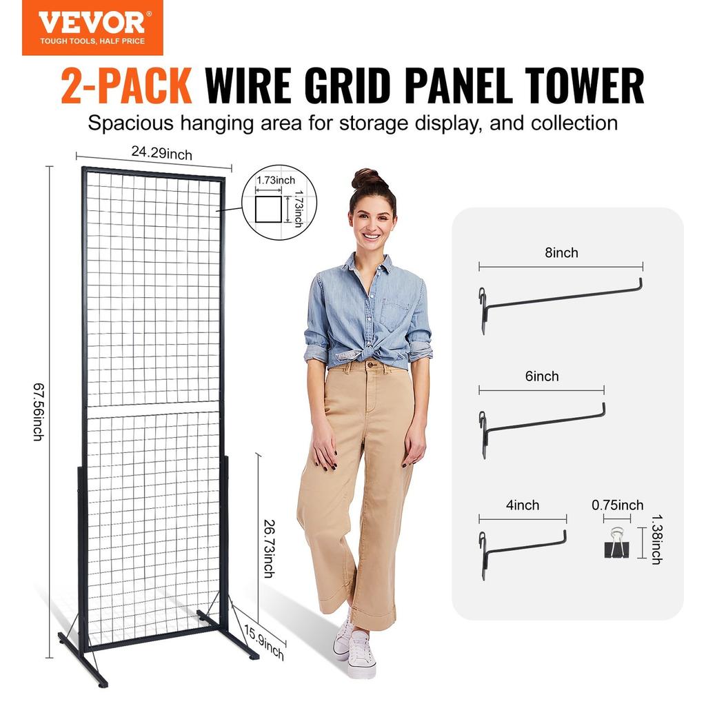 2' x 5.6' Gitterwand-Paneel-Turm, 2er-Pack Drahtgitterwand-Displayständer mit T-Fuß, freistehend, doppelseitige Gitterwand-Paneele für Kunsthandwerksmessen,