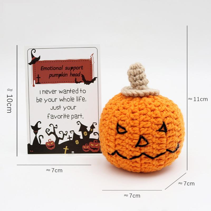 Funny Crochet Emotional Support Pumpkin Gifts Desktop Ornament Handmade Knitted Pumpkin Doll With Card Home Room Halloween Decor