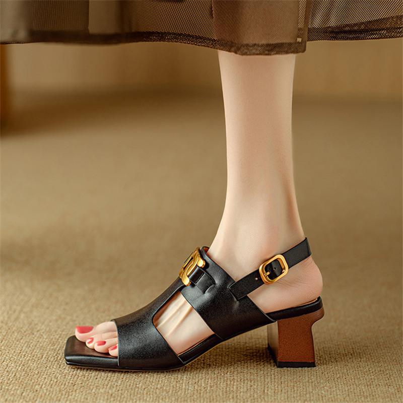 Fashion New Summer Sandals Split Leather Sandals for Women Fashion Metal Decoration Square Toe Sandals Ladies High Heels Casual Shoes