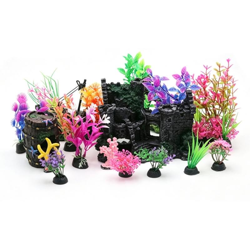 Aquarium Landscape Props with 17 Mixed Plant for Fishtank Decoration Use, Indoor Tanks Underwater Decoration and Home Styling Use