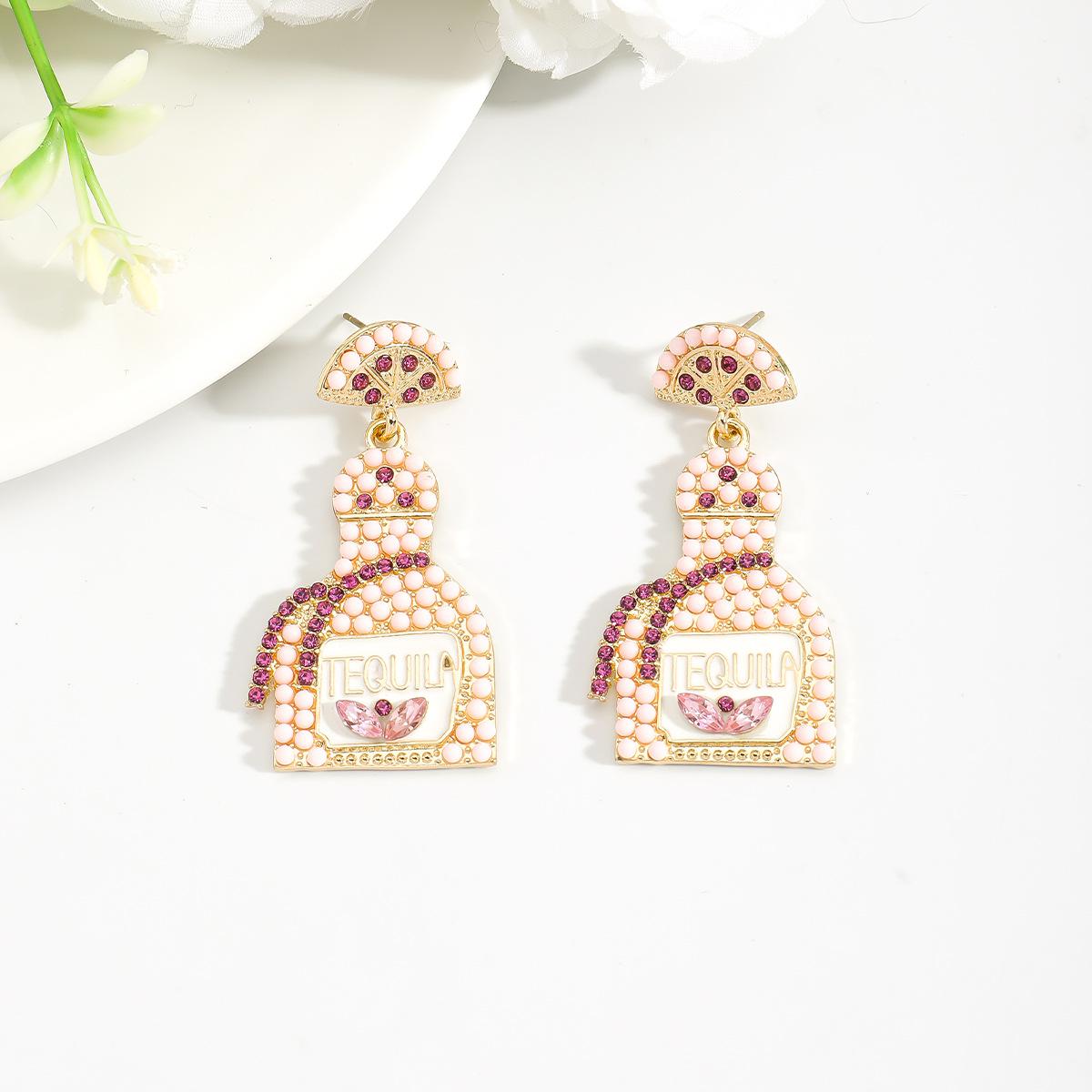 Valentine s Day hot-selling diamond-encrusted love earrings, fashionable and exquisite handmade rice bead earrings, versatile wine bottle earrings