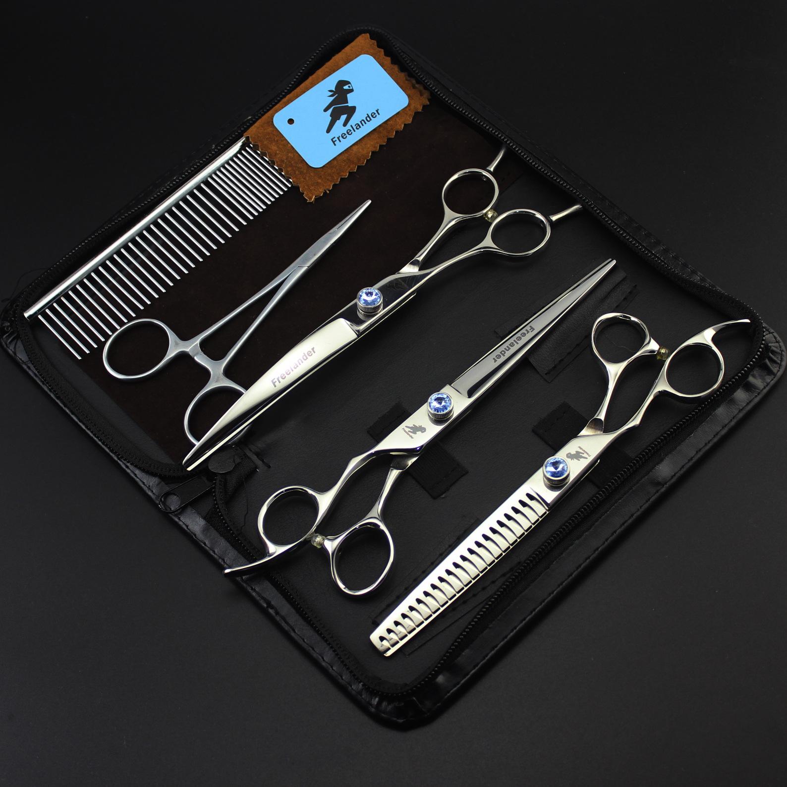 7.0 inch, 3 packs of gemstones on the left hand, high-end pet beauty scissors, straight scissors, set, free comb hemostatic pliers. 7inch left hand set (dense teeth)