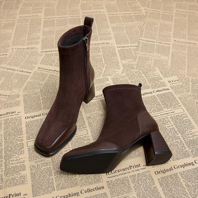 Fashion Vintage Women Stretch Sock Boots Fashion Elegant Side Zippers Shoes Autumn Winter Thick Heel Laides Modern Short Booties