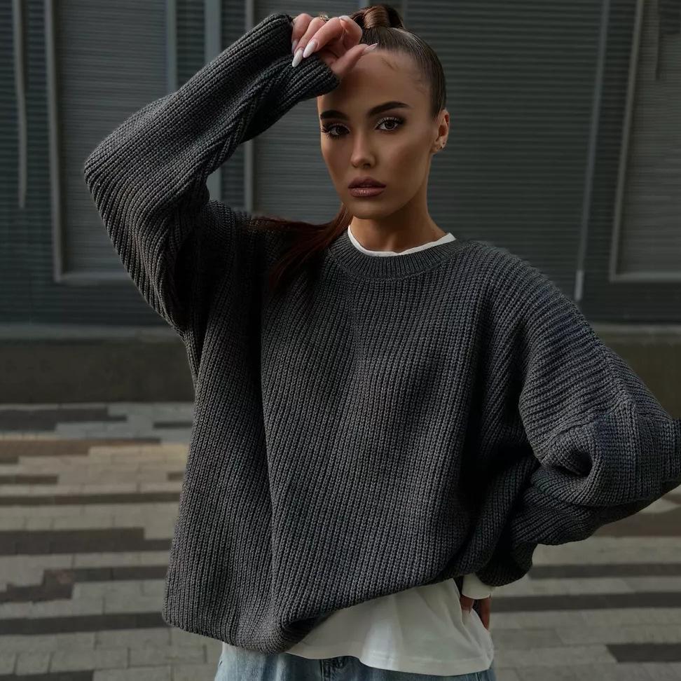Plain Round Neck Sweater - 2024 European & American Spring/Autumn Loose Knit Pullover for Women