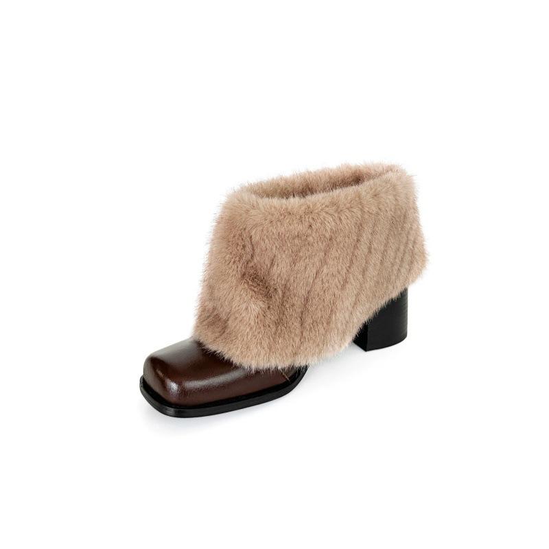 Thick heel square head gentle fluffy shoes female winter new French style with skirt fairy temperament velvet warm cotton shoes