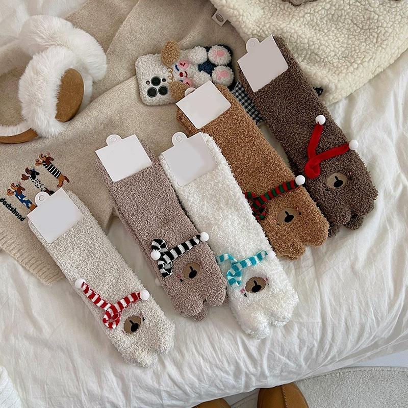 1Pair Sleep Socks Cute Little Bear Cartoon Coral Velvet Socks Soft Polyester Fiber