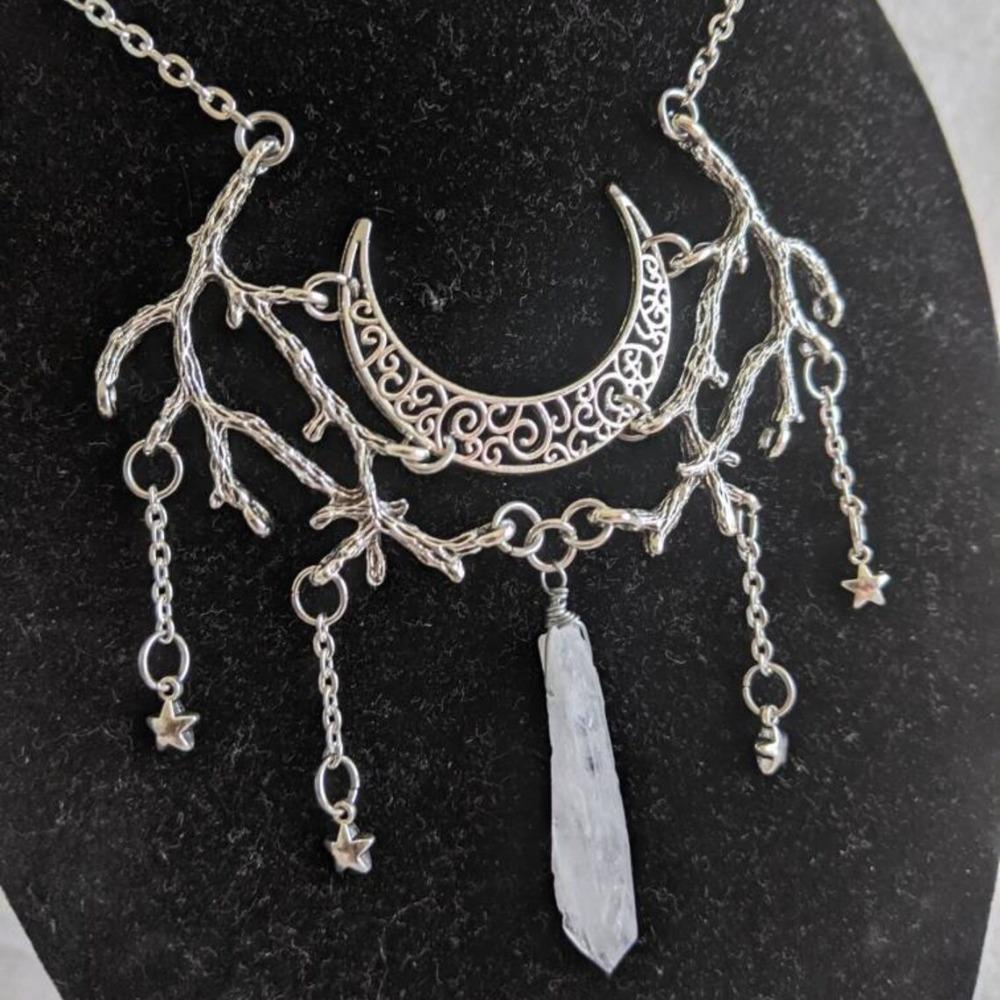 Bohemia Temperament Sliver Color Hollowed-out Moon Stars Tassel Irregular Crystal Pendant Necklace for Women Magic Witch Jewelry