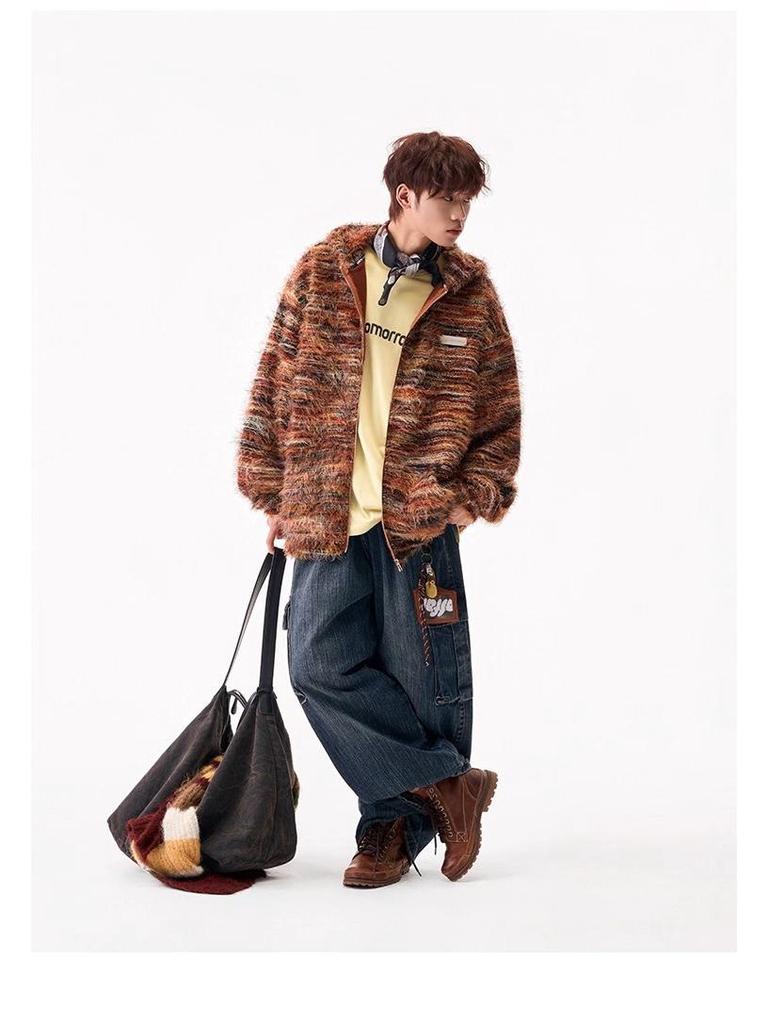 Unisex Gradient Striped Hooded Sweatshirt - Retro Winter Cardigan Style with Oil Painting Knit Design