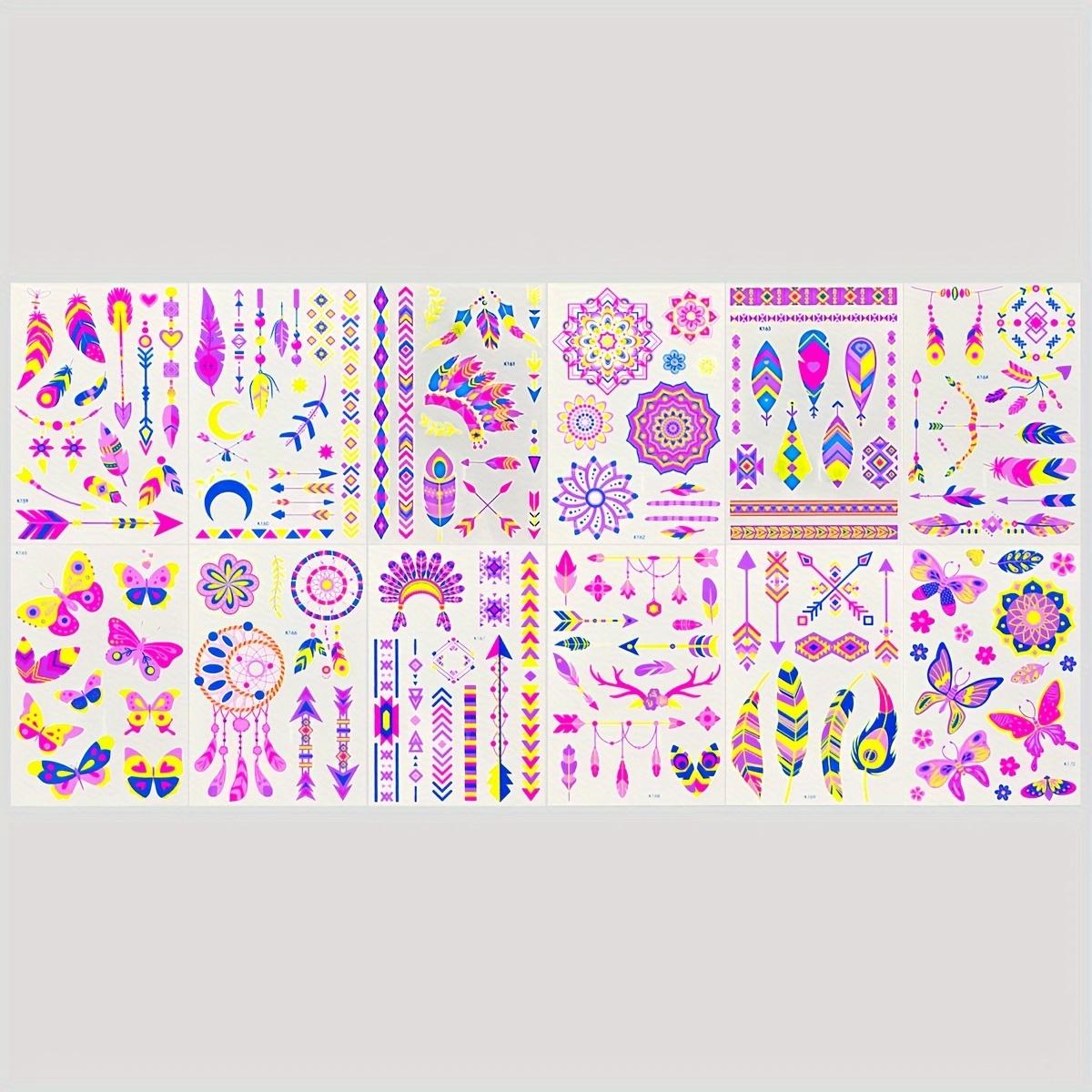 

12 шт. Временная татуировка NeonGlwo - Светящаяся наклейка для боди-арта неоново-зеленого, розового, синего, фиолетового, желтого, оранжевого, красного цветов - Водостойкая Random Colors разноцветный