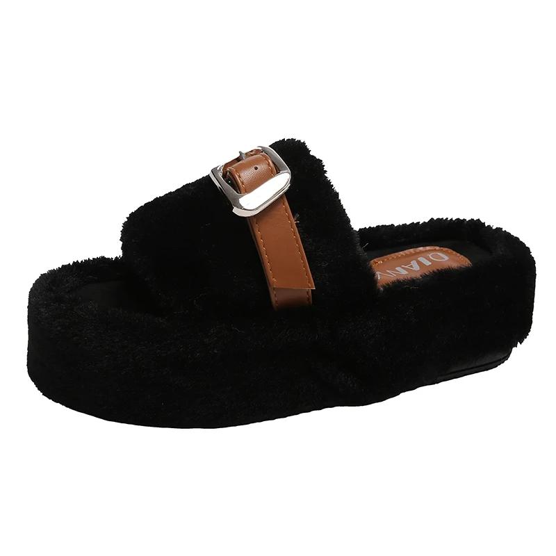 

2024 Slipper Women s Eyelet Buckled Fluffy Casual Slippers Lady Thick Bottom Leisure Shoes Thick Flat Sole Outdoor Plush Slipper 35 чёрный