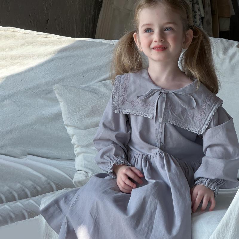 Girls' Spring Embroidered Lace Collar Long Sleeve Cotton Dress
