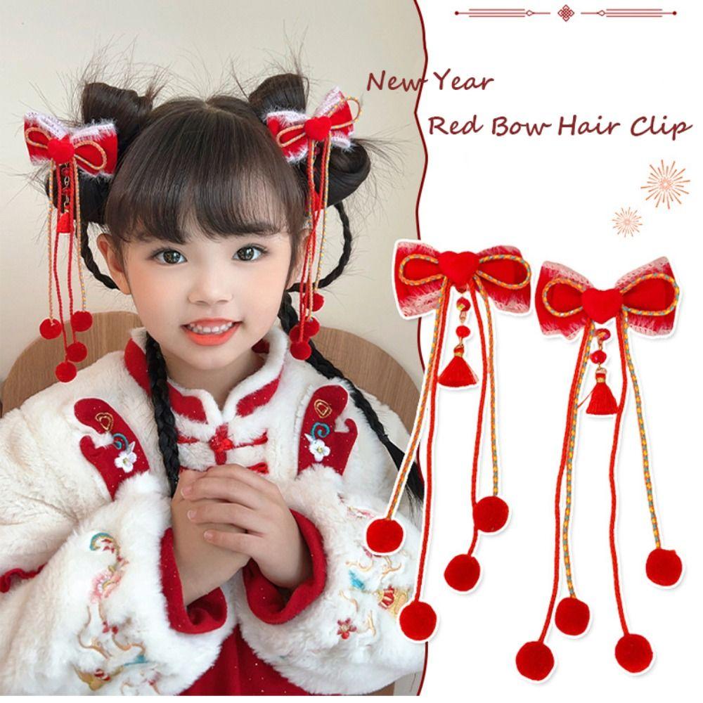 Wig Plush Ball Hairpin Ribbon Princess Forehead Chain Sweet Red Bow Hair Clip Women