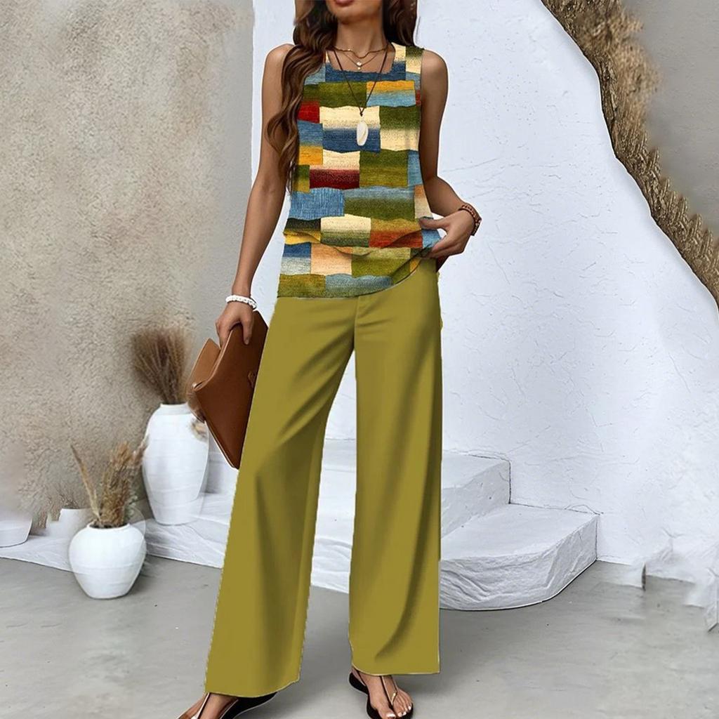 Zweiteiliges Sommer-Set für Damen, lockeres, ärmelloses, doppellagiges Westentop, lässige Hosen, Urlaubsset