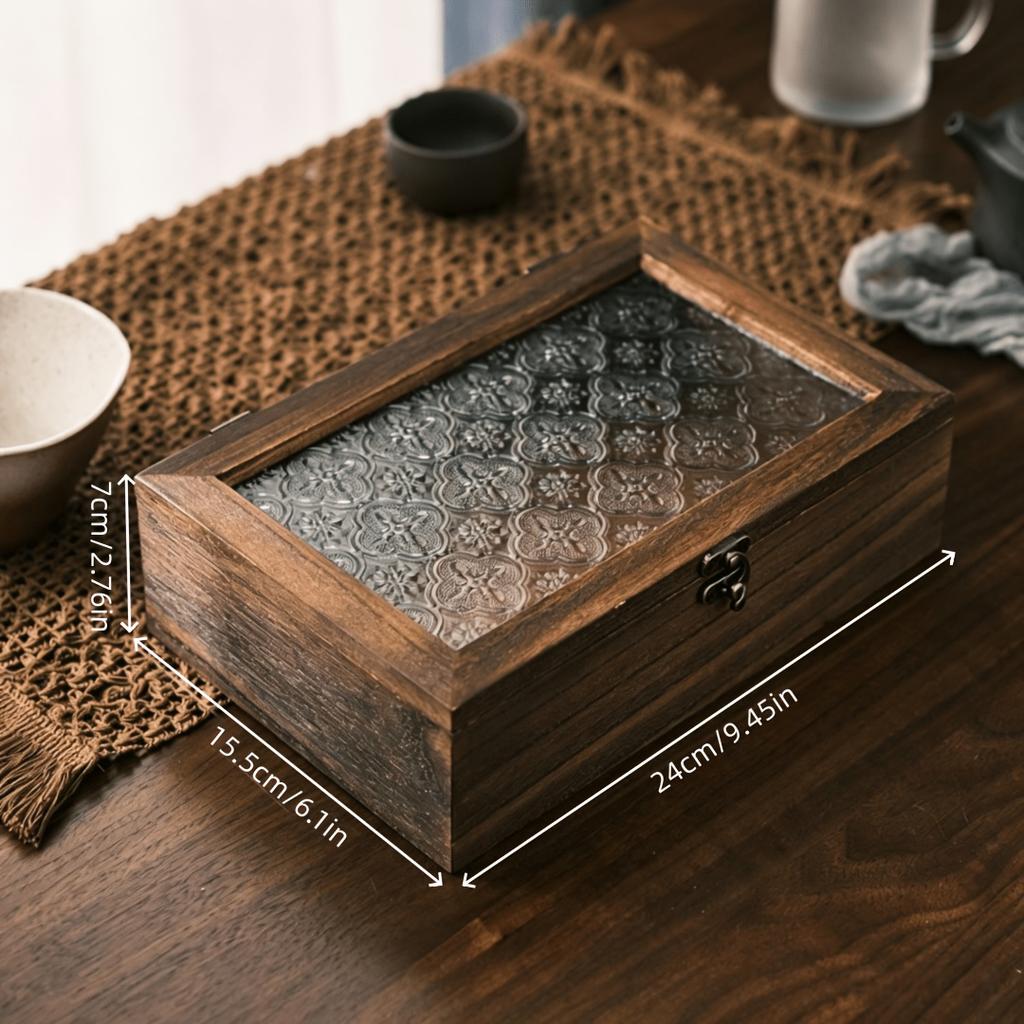 Vintage Paulownia Wood Jewelry Box with Dustproof Flip Lid, Desktop Storage Box with Embossed Begonia Glass Cover, Sturdy Wooden Jewelry Organizer
