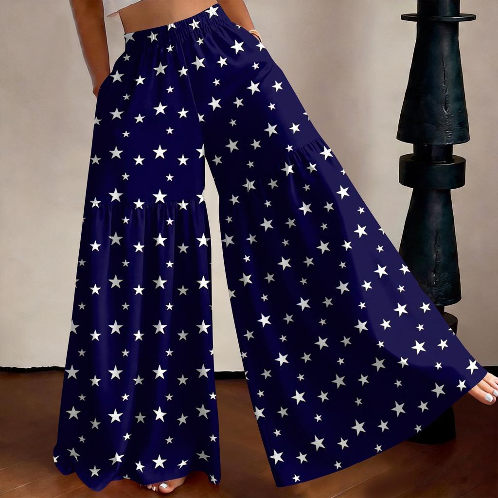 Damen High Waist Weite Beine Hose Lockerer Schnitt Leicht Fließend Bedruckte Lässige Hose Elastischer Bund Palazzo Hose