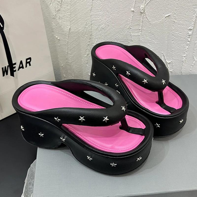Star Rivets Chunky Wedge Flip Flops Women Summer Clip Toe Eva Platform Slippers Woman Punk Style Thick Bottom Sandals Female