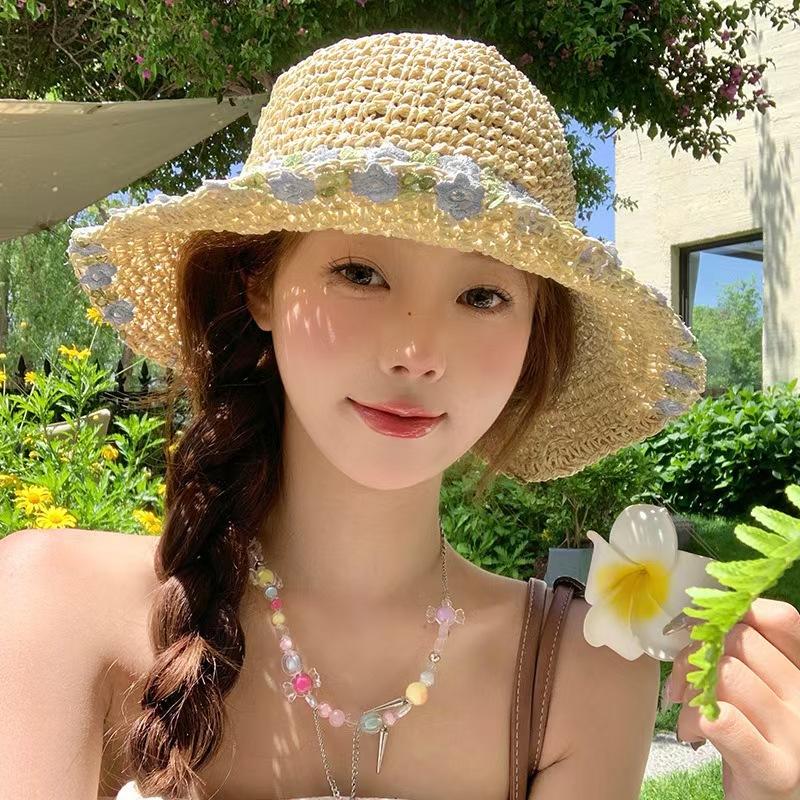 Straw hat women's summer new big-brimmed sun hat lace lace sunscreen seaside vacation hat breathable face