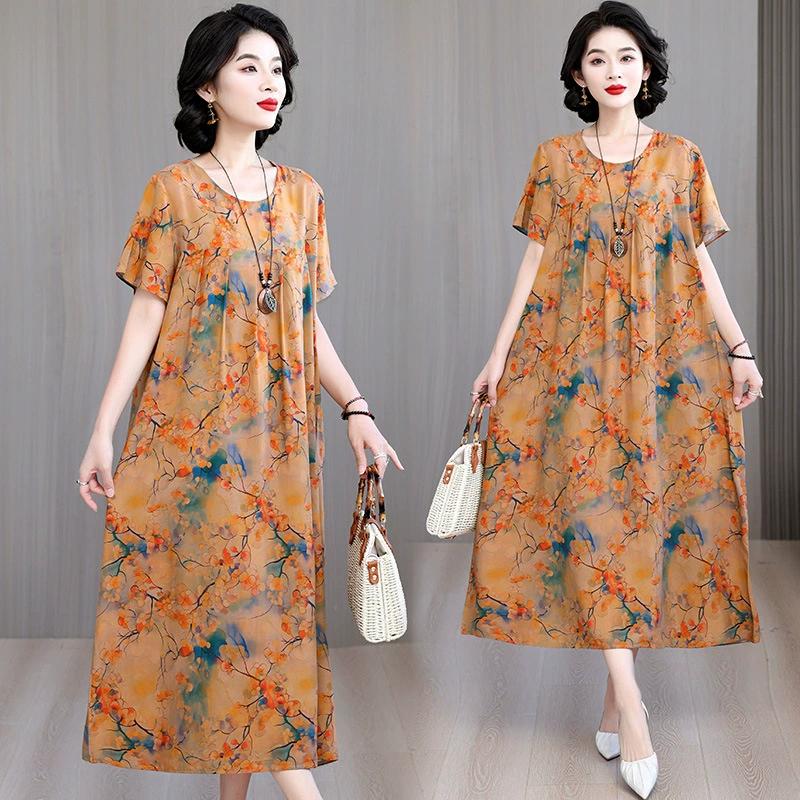 Cotton Silk Dress Women's Summer Large Size Temperament Loose Printing Casual Cotton and Linen Long Skirt