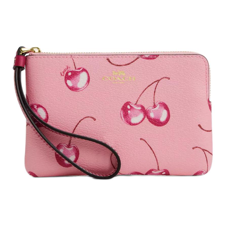 

Coach Pebbled Leather Cherry Print Wristlet Pouch In Pink For Women Daily Use Basic Set (Bag+Dust Bag)