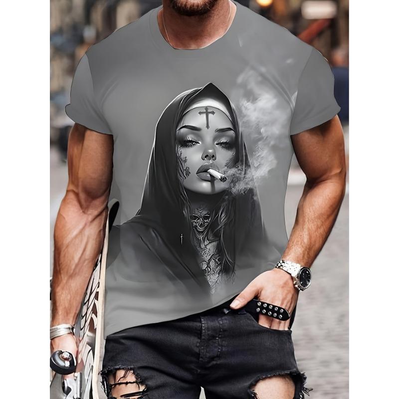 Pánské tričko s 3D grafikou Smoking Nun Černé Ležérní Letní Tričko Krátký Rukáv Polyester Streetwear Trička Vintage Oblečení