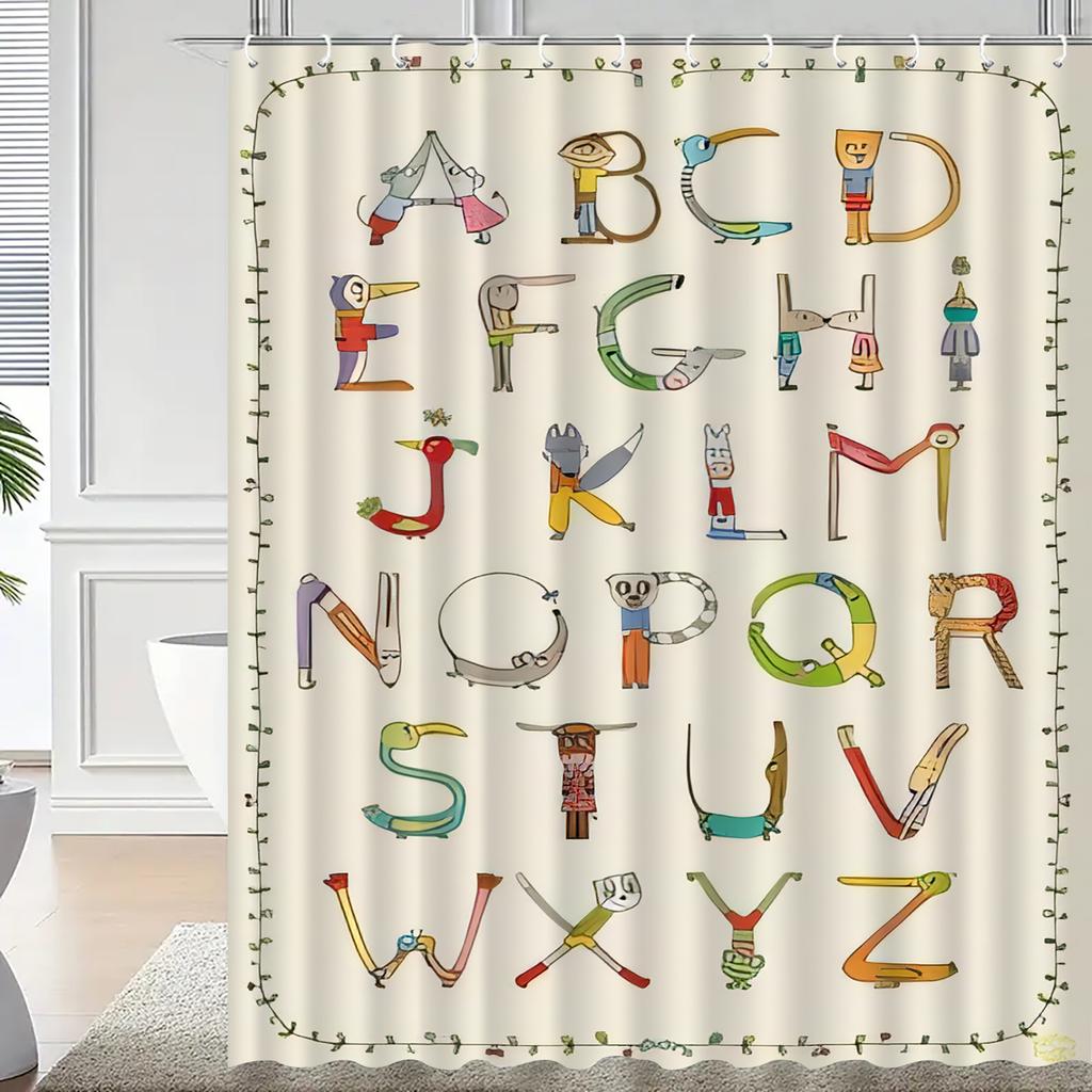 Anti-Fog Shower Curtain, Elegant Alphabet & Animal Design, Vibrant Colors for Kids & Adults Bathroom Decor