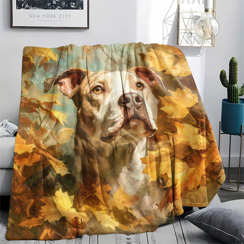 Pitbull and Leaves,pattern Flannel Blanket, High Quality Comfortable for All Seasons, Home Decor, Warmth and Comfort, Perfect for Gifts.