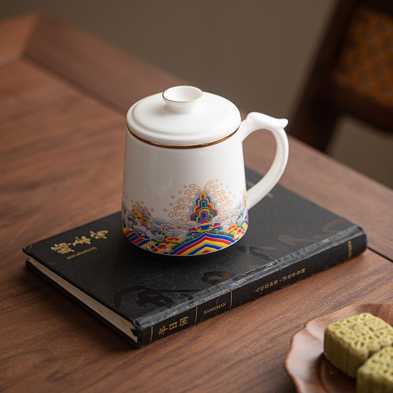 Suet Jade Ceramic Teacup Personal Office Mug with Lid Dehua White Porcelain Water Cup Household Cup