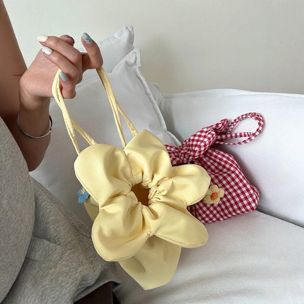 Casual Plaid Drawstring Floral Handbag Large Capacity Portable Cute Flower Handbag Shopping Vacation Travel