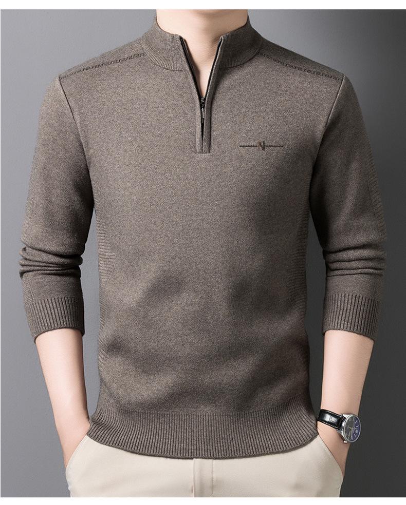 Men's Autumn/Winter Embroidered Knit Sweater: Zipper Stand Collar, Middle-aged Style, Fashionable & Thick, Versatile Warmth