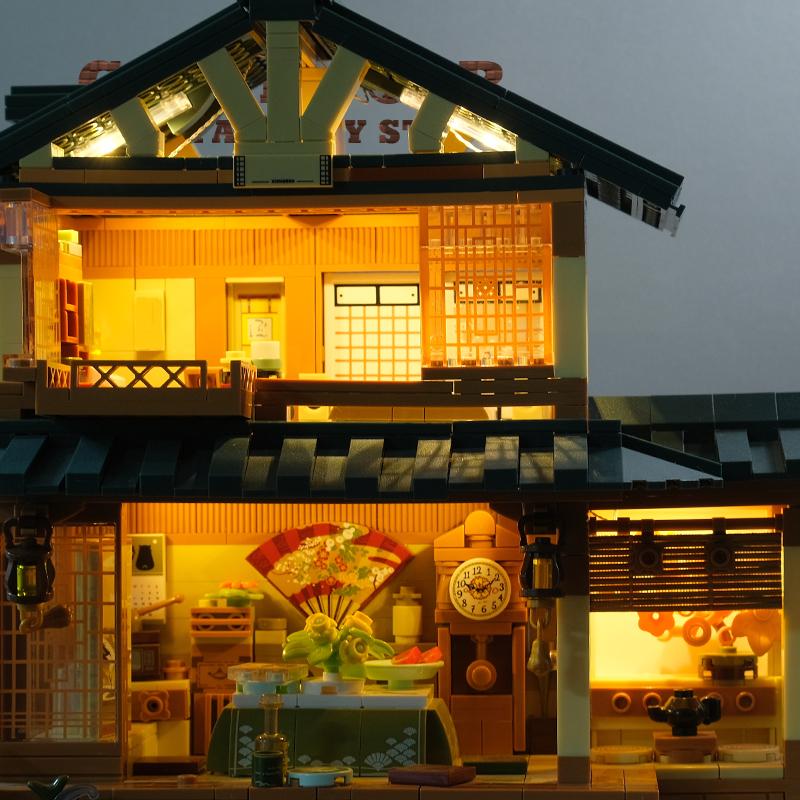 Japanese View Wooden House MOC Bricks City LED Log Cabin Building Blocks Toys Tatami Room Plastic Model Adult Kids Birthday Gift