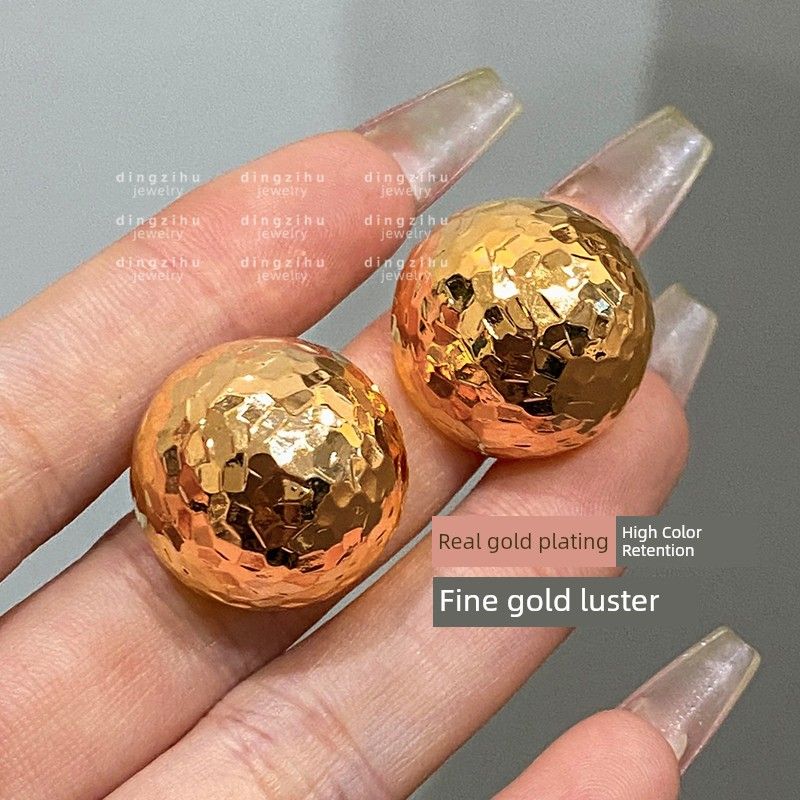 Gold Mush Ice Flash Semisphere Earrings Female Accessible Luxury Fancy Elegant Earrings Fashion Retro Heavy Industry Golden Earrings