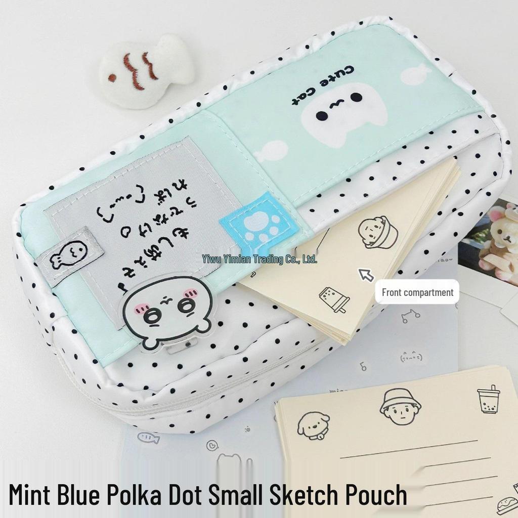 Mint Polka Dot Kitten Ita Bag Pencil Case - Cute, Large Capacity Stationery Storage for Students
