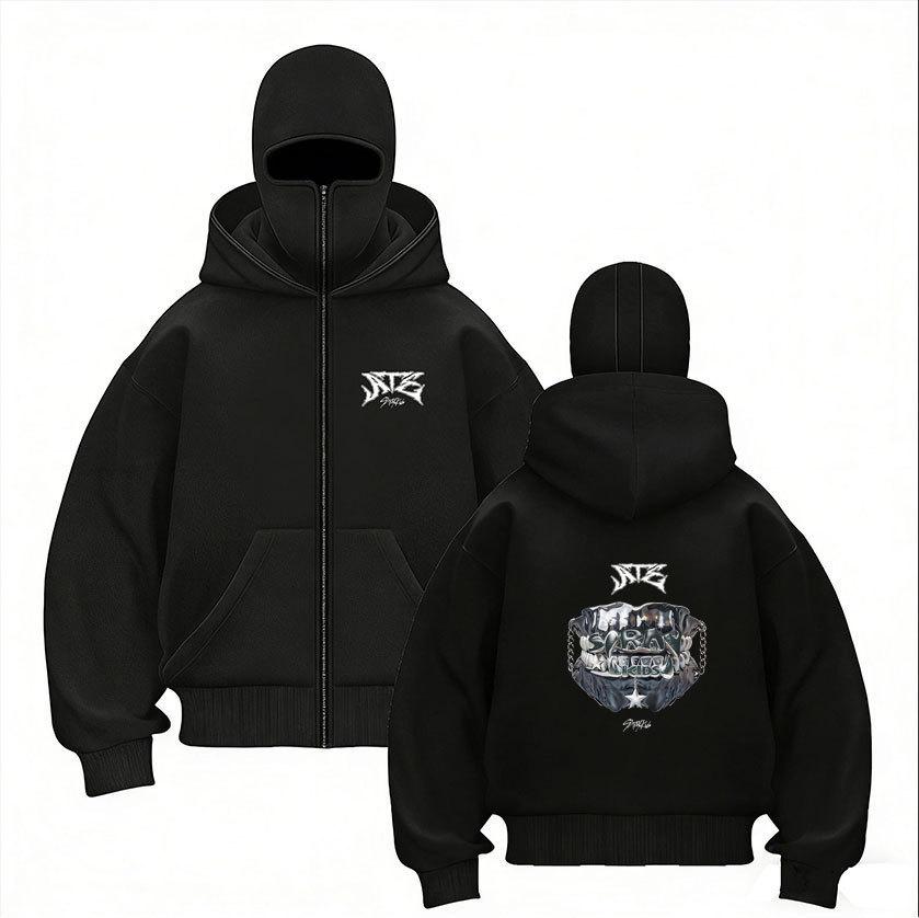 Stray Kids Skz Harajuku Printed Stray Kids Double Hood Zip-Up, Harajuku Print SKZ Hoodie for STAY Two-hat Zip-up Shirt for Men and Women