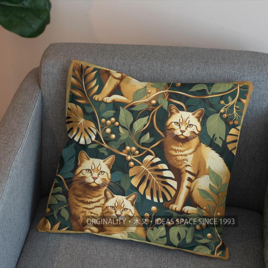2D Golden Cats And Thorns Pattern Pillow Cover Pattern Cushion Cover Suitable For Sofa Bedroom Car Pillow Cover