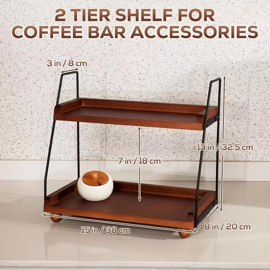 2-Tier Farmhouse Coffee Bar Organizer, Wood & Metal Countertop Shelf for Kitchen & Bathroom, Rustic Display Tray for Mugs