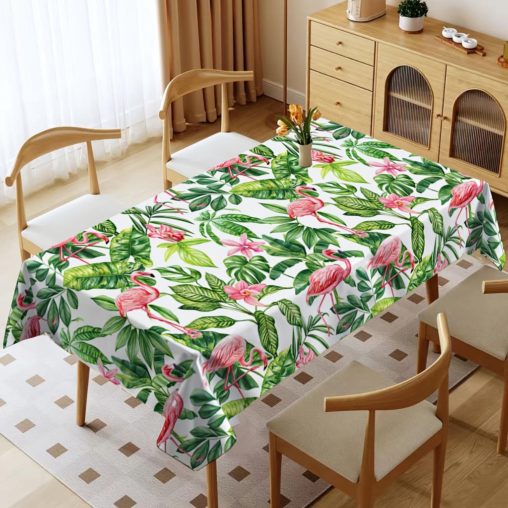 1pc Rectangular Tablecloth, Palm Leaf Flamingo Bird Pattern Table Decor, Machine Washable Tablecloth, Suitable for Indoor And Outdoor Use, Coffee Shop