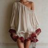 European and American Pure Desire Wind Diagonal Shoulder Off-the-shoulder Contrasting Color Ruffle Edge Bubble Sleeves Loose Meat-covering Short Chiff