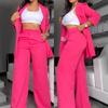 2025 Damski Letni Elegancki Garnitur w Jednolitym Kolorze z Rozcięciem na Rękawie, Klapami i Spodniami z Prostą Nogawką