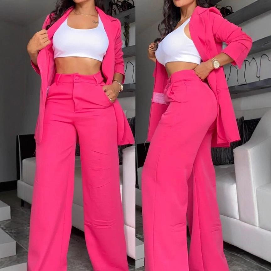 2025 Damski Letni Elegancki Garnitur w Jednolitym Kolorze z Rozcięciem na Rękawie, Klapami i Spodniami z Prostą Nogawką