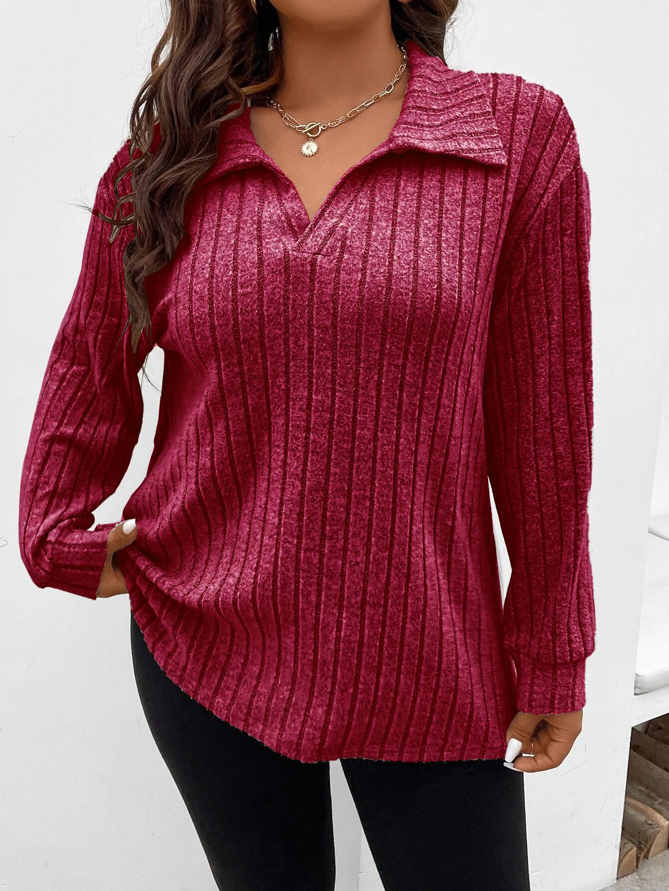 

2025 Autumn/Winter Women s Plus Size V-Neck Long Sleeve Ribbed Brushed T-Shirt 4XL вина червоного кольору
