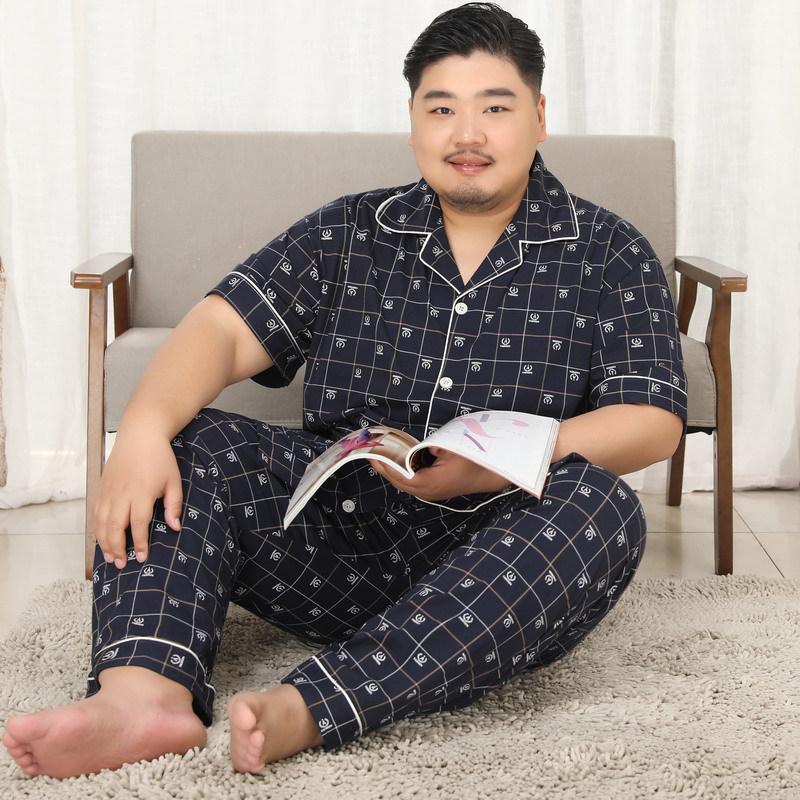Mei Ji Yun Men's Cotton Lapel Pajama Set - Short Sleeve, Long Pants, Plus Size