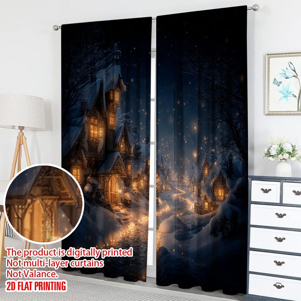 Set Of 2 Flat Printing Merry Christmas Curtains Cozy Winter Village Evening Scene Digital Printed Polyester Drapes Family Party Curtain Made